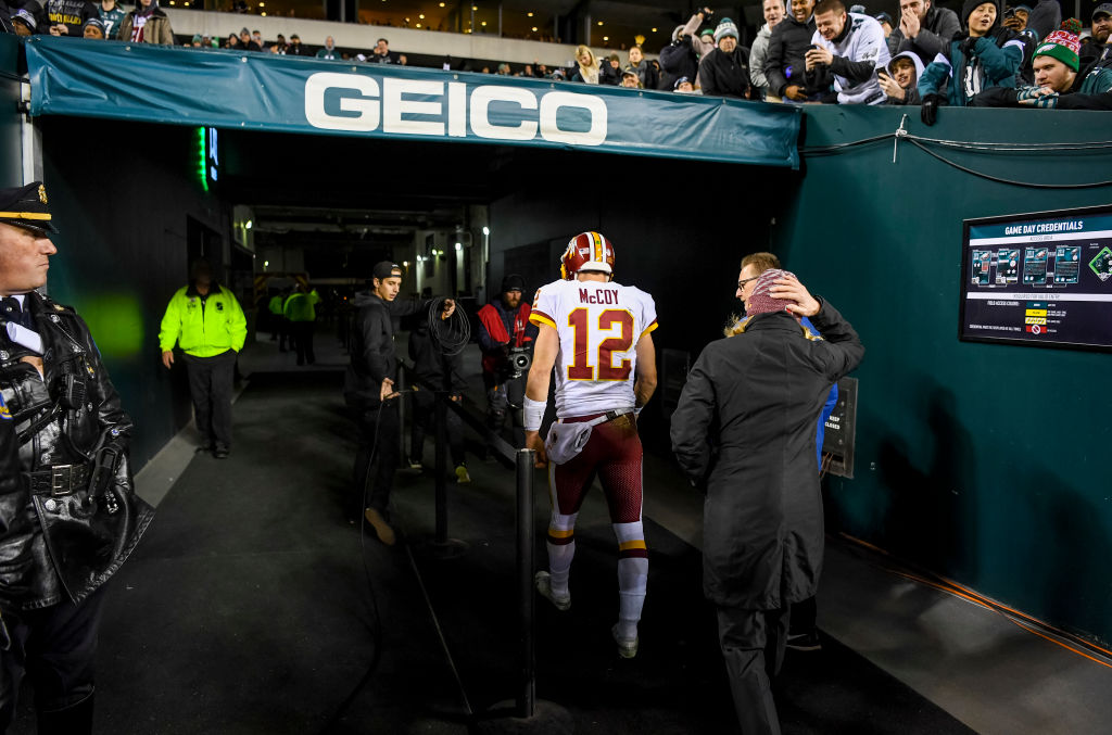 PHILADELPHIA, PA - DECEMBER 3: Washington Redskins quarterback Colt McCoy (12) walks off the field with an apparent injury in the second quarter in a game against the Philadelphia Eagles at Lincoln Financial Field.  (Photo by Jonathan Newton / The Washington Post via Getty Images)