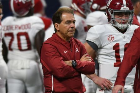 ATLANTA, GA - DECEMBER 01: Alabama Crimson Tide Head Coach Nick Saban watches his team during warmups before the SEC Championship between the Alabama Crimson Tide and the Georgia Bulldogs on December 01, 2018, at Mercedes-Benz Stadium in Atlanta, GA. (Photo by Jeffrey Vest/Icon Sportswire via Getty Images)
