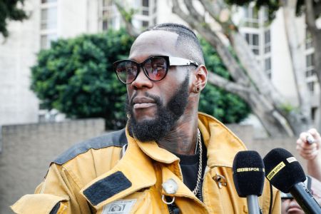 LOS ANGELES, CA - NOVEMBER 27: Deontay Wilder meets with firefighters at LAFD Station 3 on November 27, 2018 in Los Angeles, California. (Photo by Meg Oliphant/Getty Images)