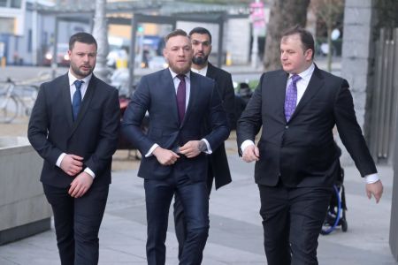 Conor McGregor (centre) arrives at Dublin District Court where he is charged with motoring offences. (Photo by Niall Carson/PA Images via Getty Images)
