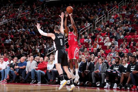 HOUSTON, TX - DECEMBER 19: James Harden #13 of the Houston Rockets shoots the ball during the game against the Washington Wizards on December 19, 2018 at the Toyota Center in Houston, Texas. (Photo by Ned Dishman/NBAE via Getty Images)