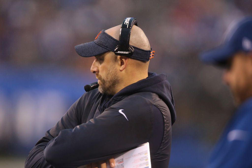 EAST RUTHERFORD, NEW JERSEY - DECEMBER 02: Head Coach Matt Nagy of the Chicago Bears in action against the New York Giants at MetLife Stadium on December 02, 2018 in East Rutherford, New Jersey. (Photo by Al Pereira/Getty Images)
