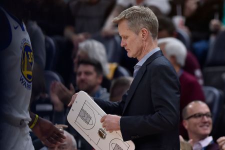 SALT LAKE CITY, UT - DECEMBER 19: Head coach Steve Kerr of the Golden State Warriors during a time out against the Utah Jazz in a NBA game at Vivint Smart Home Arena on December 19, 2018 in Salt Lake City, Utah. (Photo by Gene Sweeney Jr./Getty Images)