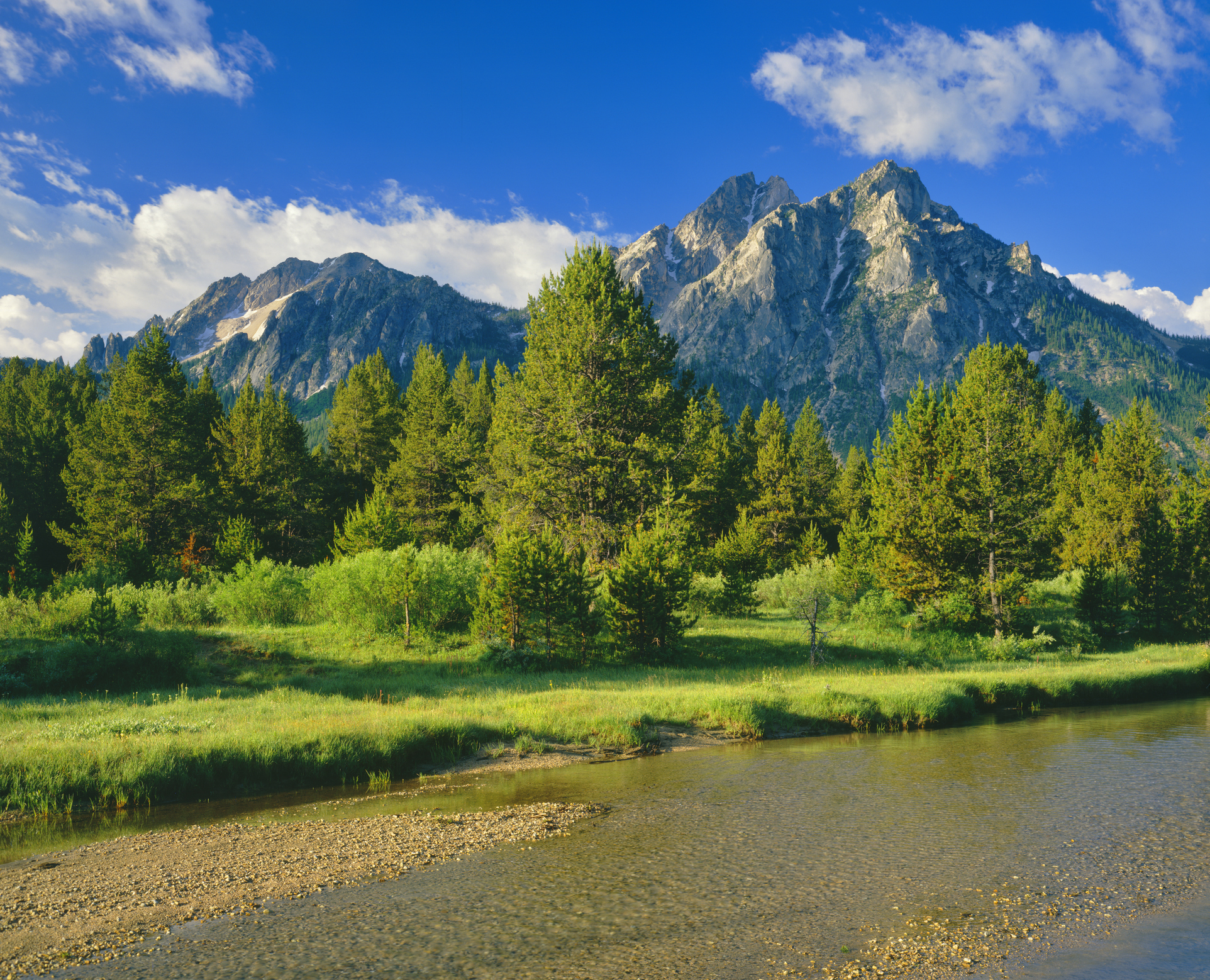 The Sawtooth Range sits in the distance in a meadow, in the Sawtooth National Recreation Area of Stanley, Idaho.