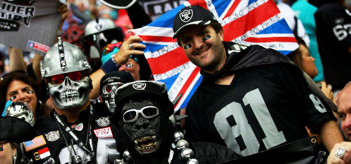 Raider fans enjoy the prematch atmosphere during the NFL match between the Oakland Raiders and the Miami Dolphins at Wembley Stadium on September 28, 2014 in London, England.  (Photo by Richard Heathcote/Getty Images)