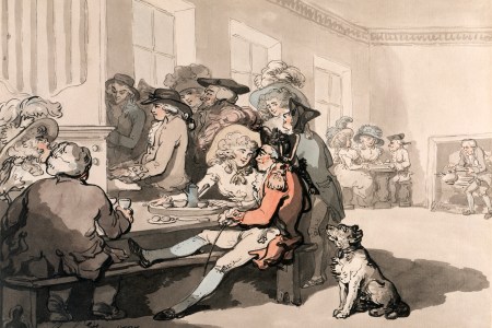 'The Chocolate House', 1787. People taking tea, coffee, and chocolate at the White Conduit House, Islington, London. A woman and a soldier flirt over a cup of chocolate in one of London's fashionable establishments. A dog waits anxiously as his master relaxes. An organist entertains the customers. (Photo by Museum of London/Heritage Images/Getty Images)