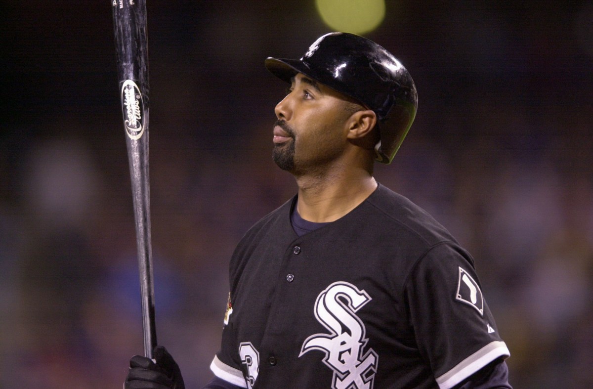 Designated hitter Harold Baines #3 of the Chicago White Sox prepars for an at-bat against the Seattle Mariners at Safeco Field in Seattle, Washington. The Mariners defeated the White Sox 4-3.  Otto Greule/ALLSPORT)