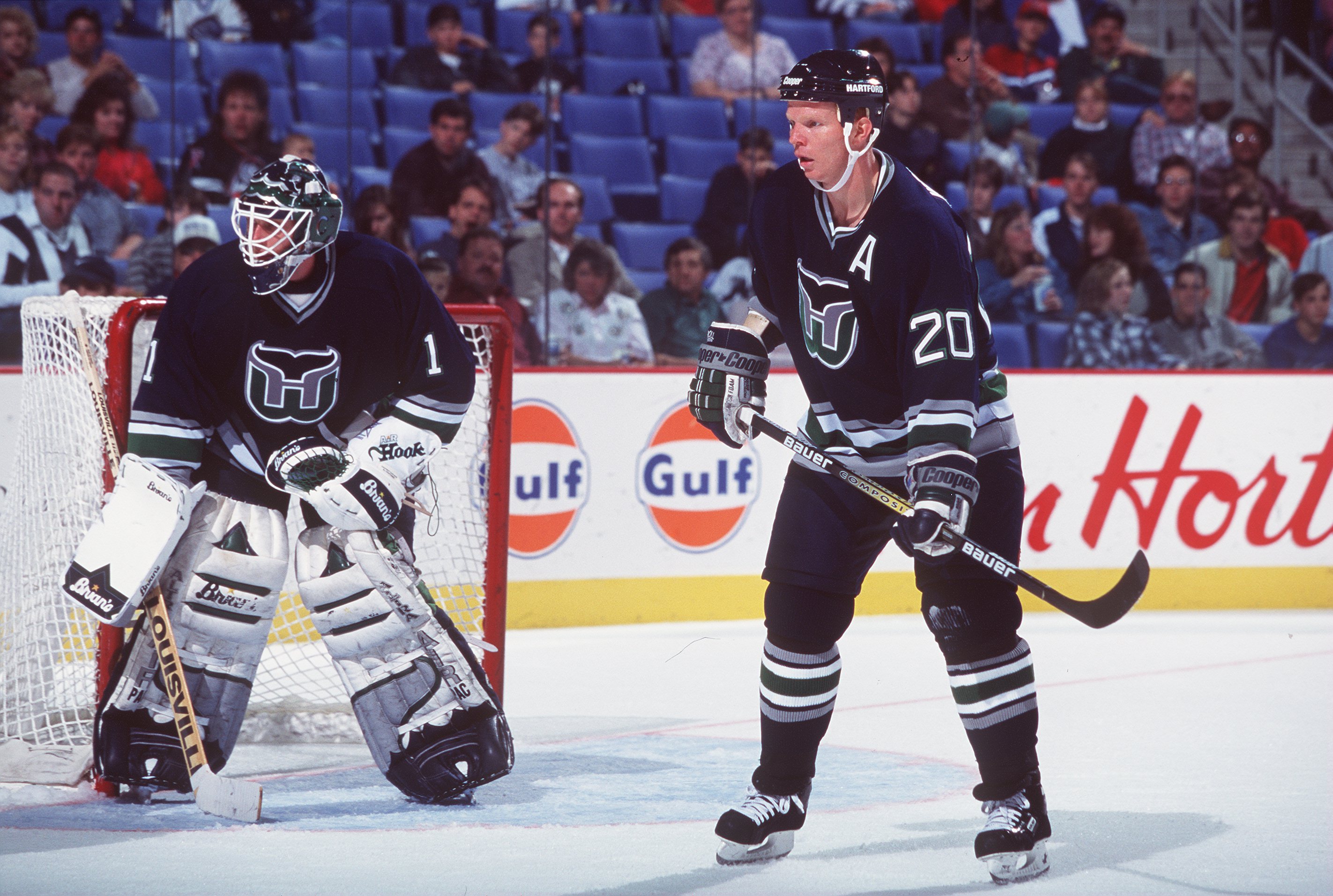 26 Oct 1996:  Goalie Sean Burke and Glen Wesley of the Hartford Whalers during the Whalers 6-3 loss to the Buffalo Sabres at the Marine Midland Arena in Buffalo, New York. Mandatory Credit: Rick Stewart/ALLSPORT