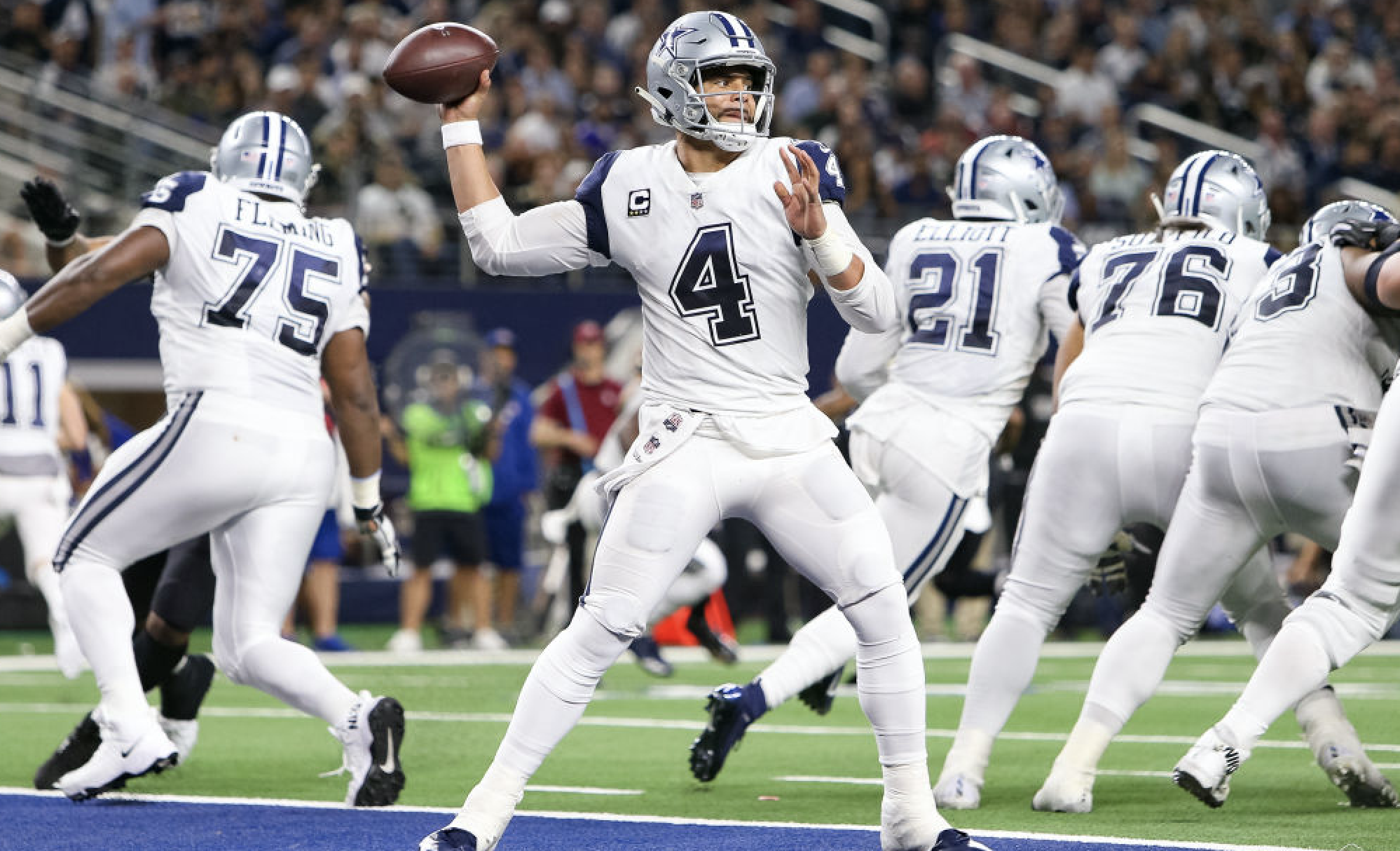 ARLINGTON, TX - NOVEMBER 29: Dallas Cowboys Quarterback Dak Prescott (4) drops back to pass during the game between the Dallas Cowboys and New Orleans Saints on November 29, 2018 at AT&T Stadium in Arlington, TX. (Photo by Andrew Dieb/Icon Sportswire via Getty Images)