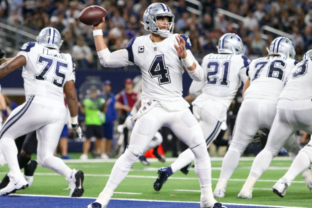 ARLINGTON, TX - NOVEMBER 29: Dallas Cowboys Quarterback Dak Prescott (4) drops back to pass during the game between the Dallas Cowboys and New Orleans Saints on November 29, 2018 at AT&T Stadium in Arlington, TX. (Photo by Andrew Dieb/Icon Sportswire via Getty Images)