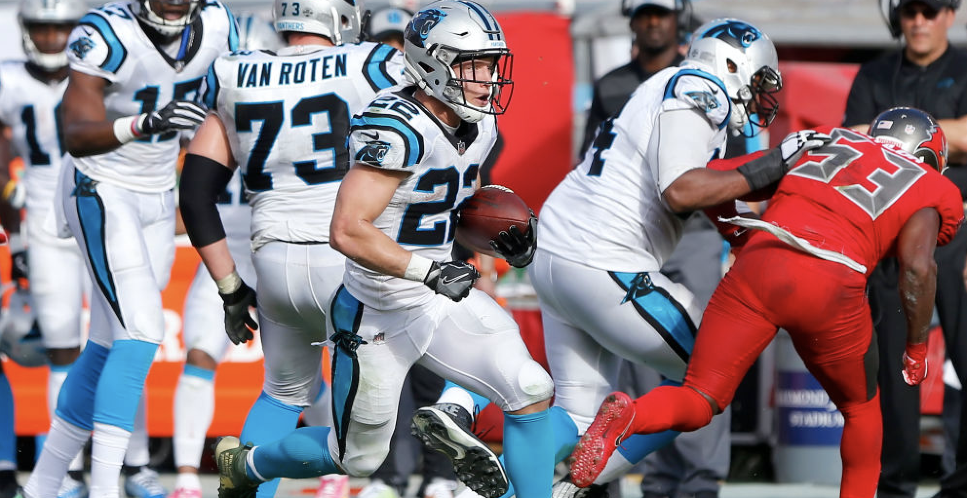 TAMPA, FL - DEC 02:  Christian McCaffrey (22) of the Panthers carries the ball during the regular season game between the Carolina Panthers and the Tampa Bay Buccaneers on December 02, 2018 at Raymond James Stadium in Tampa, Florida. (Photo by Cliff Welch/Icon Sportswire via Getty Images)