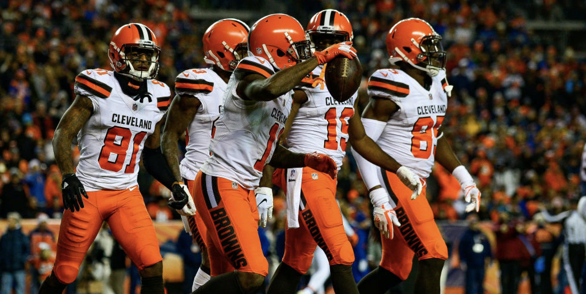 DENVER, CO - DECEMBER 15: Wide receiver Antonio Callaway #11 of the Cleveland Browns is congratulated after scoring a fourth quarter go-ahead touchdown against the Denver Broncos at Broncos Stadium at Mile High on December 15, 2018 in Denver, Colorado. (Photo by Dustin Bradford/Getty Images)