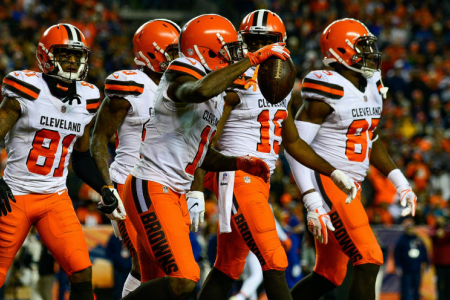 DENVER, CO - DECEMBER 15: Wide receiver Antonio Callaway #11 of the Cleveland Browns is congratulated after scoring a fourth quarter go-ahead touchdown against the Denver Broncos at Broncos Stadium at Mile High on December 15, 2018 in Denver, Colorado. (Photo by Dustin Bradford/Getty Images)