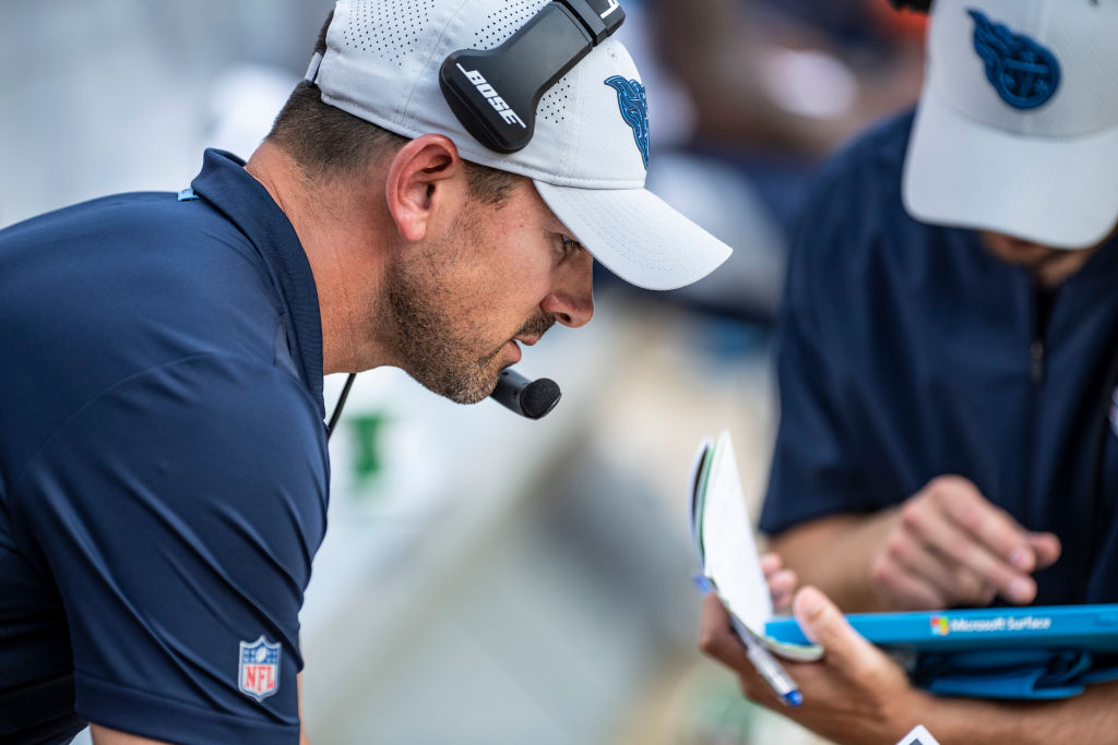 Tennessee Titans offensive coordinator Matt LaFleur reviews some plays with another coach in the second half during the preseason game between the Pittsburgh Steelers and the Tennessee Titans on August 25, 2018 at Heinz Field in Pittsburgh, PA. (Photo by Shelley Lipton/Icon Sportswire via Getty Images)