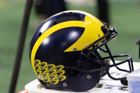 ATLANTA, GA - DECEMBER 29:  A Michigan Wolverines helmet is on the sidelines during the Peach Bowl between the Florida Gators and the Michigan Wolverines on December 29, 2018 at Mercedes-Benz Stadium in Atlanta, Georgia. (Photo by Michael Wade/Icon Sportswire via Getty Images)