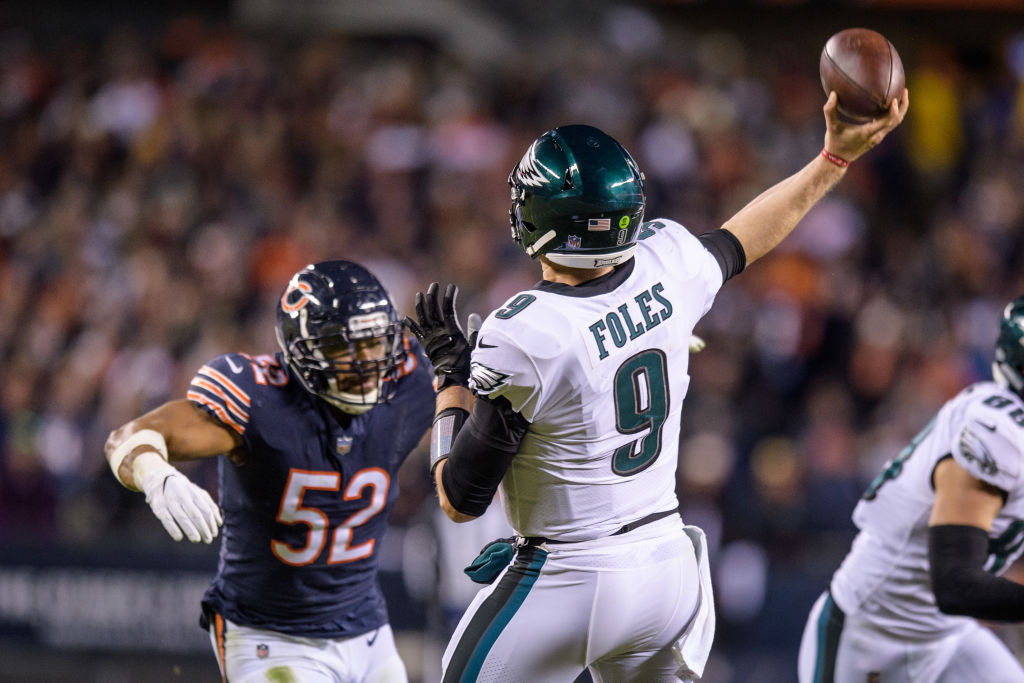 CHICAGO, IL - JANUARY 06: Philadelphia Eagles quarterback Nick Foles (9) passes the ball as Chicago Bears linebacker Khalil Mack (52) pressures in the 4th quarter during an NFL NFC Wild Card football game between the Philadelphia Eagles and the Chicago Bears on January 06, 2019, at Soldier Field in Chicago, IL. (Photo by Daniel Bartel/Icon Sportswire via Getty Images)