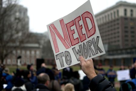 Furloughed federal workers, joined by elected officials, hold up sings to protest the federal government shutdown during a non-partisan rally at Independence Mall, in Philadelphia, PA, on January 8, 2019. If continued in the next days the shutdown will be the longest in the U.S. history and was tricked after the Republicans of President Trump lost control over the U.S House of Representatives after the recent elections. (Photo by Bastiaan Slabbers/NurPhoto via Getty Images)