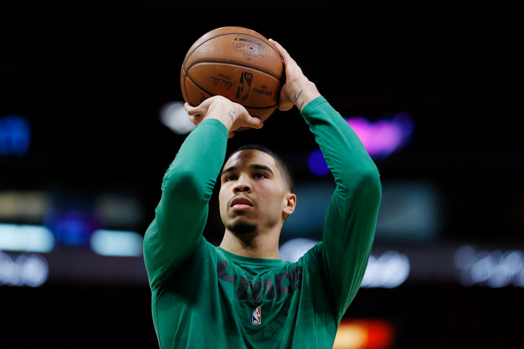 MIAMI, FL - JANUARY 10:  Jayson Tatum #0 of the Boston Celtics warms up prior to the game between the Miami Heat and the Boston Celtics at American Airlines Arena on January 10, 2019 in Miami, Florida. (Photo by Michael Reaves/Getty Images)