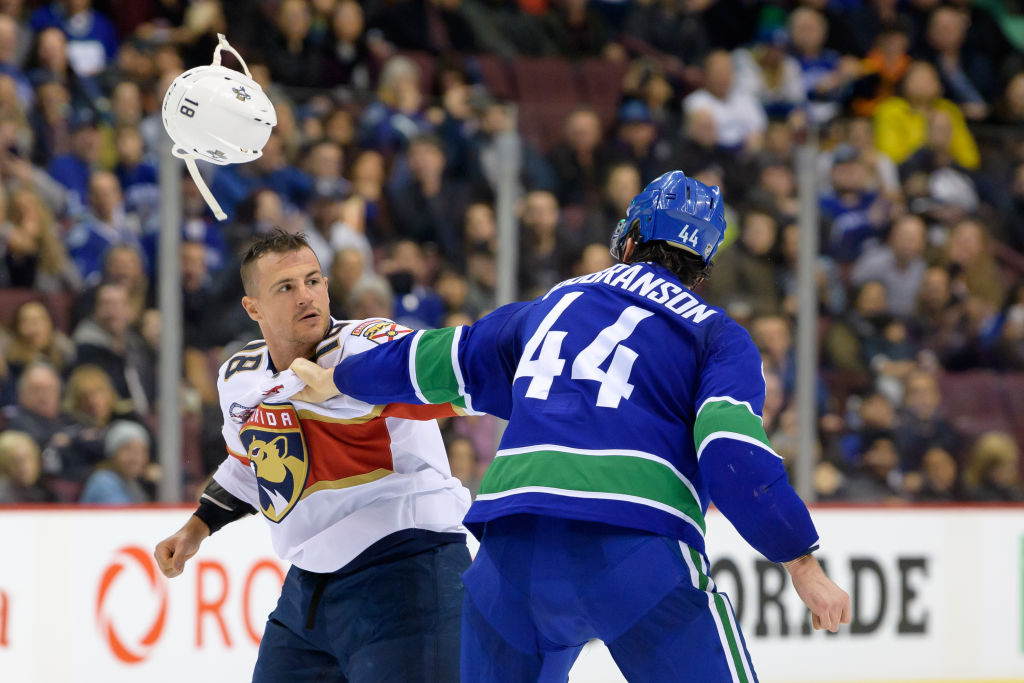  Florida Panthers Left Wing Micheal Haley (18) and Vancouver Canucks Defenseman Erik Gudbranson (44) fight during their NHL game at Rogers Arena on January 13, 2019 in Vancouver, British Columbia, Canada. (Photo by Derek Cain/Icon Sportswire via Getty Images)