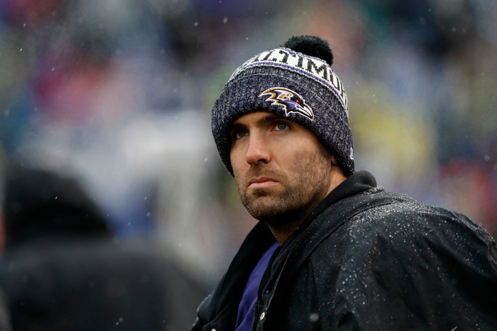 BALTIMORE, MARYLAND - DECEMBER 16: Quarterback Joe Flacco #5 of the Baltimore Ravens looks on from the sidelines during the first quarter against the Tampa Bay Buccaneers at M&T Bank Stadium on December 16, 2018 in Baltimore, Maryland. (Photo by Todd Olszewski/Getty Images)