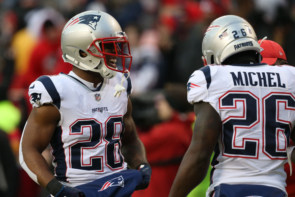 KANSAS CITY, MO - JANUARY 20: New England Patriots running backs James White (28) and Sony Michel (26) before the AFC Championship Game game between the New England Patriots and Kansas City Chiefs on January 20, 2019 at Arrowhead Stadium in Kansas City, MO. (Photo by Scott Winters/Icon Sportswire via Getty Images)