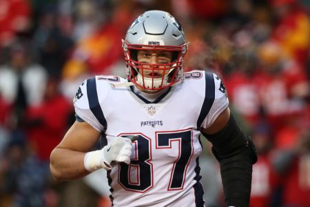KANSAS CITY, MO - JANUARY 20: New England Patriots tight end Rob Gronkowski (87) before the AFC Championship Game game between the New England Patriots and Kansas City Chiefs on January 20, 2019 at Arrowhead Stadium in Kansas City, MO. (Photo by Scott Winters/Icon Sportswire via Getty Images)