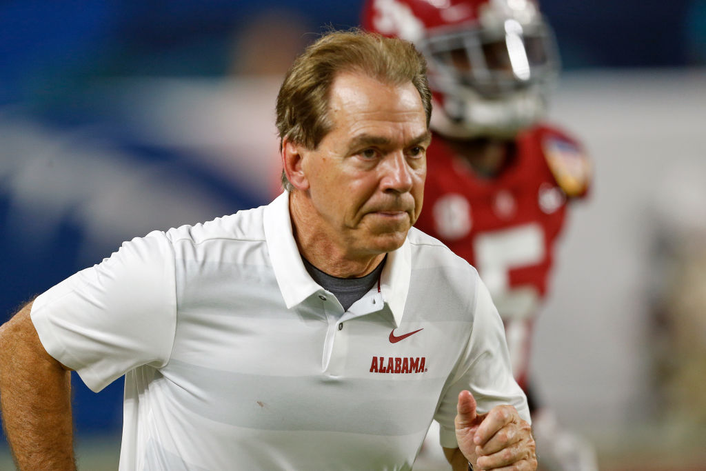 MIAMI GARDENS, FL - DECEMBER 29: Head coach Nick Saban of the Alabama Crimson Tide leads the players onto the field for the second half of the game against the Oklahoma Sooners during the College Football Playoff Semifinal at the Capital One Orange Bowl at Hard Rock Stadium on December 29, 2018 in Miami Gardens, Florida. (Photo by Joel Auerbach/Getty Images)