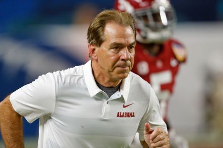 MIAMI GARDENS, FL - DECEMBER 29: Head coach Nick Saban of the Alabama Crimson Tide leads the players onto the field for the second half of the game against the Oklahoma Sooners during the College Football Playoff Semifinal at the Capital One Orange Bowl at Hard Rock Stadium on December 29, 2018 in Miami Gardens, Florida. (Photo by Joel Auerbach/Getty Images)