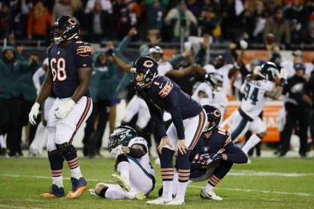CHICAGO, ILLINOIS - JANUARY 06:  Cody Parkey #1 of the Chicago Bears reacts after missing a field goal attempt in the final moments of their 15 to 16 loss to the Philadelphia Eagles in the NFC Wild Card Playoff game at Soldier Field on January 06, 2019 in Chicago, Illinois. (Photo by Jonathan Daniel/Getty Images)