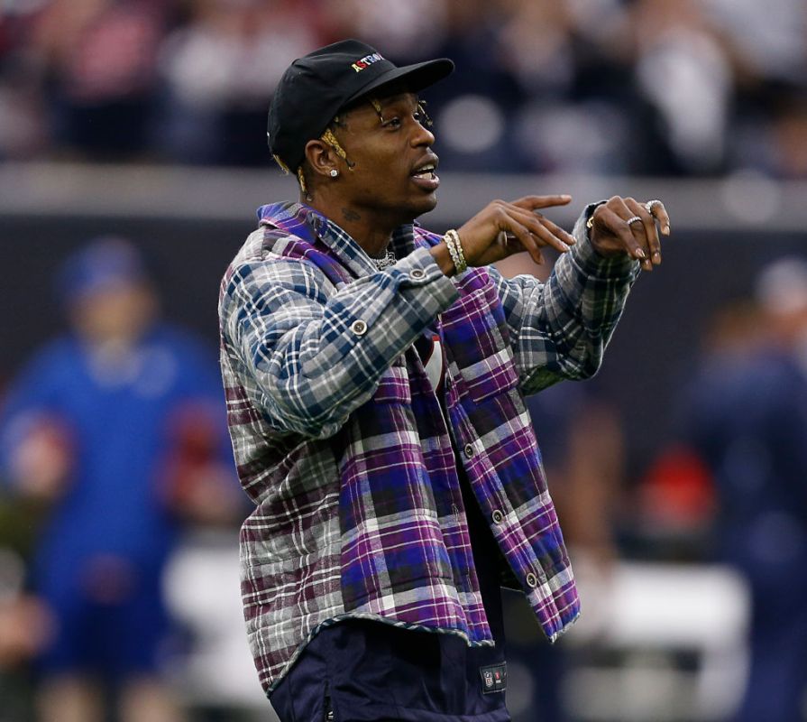 HOUSTON, TEXAS - JANUARY 05: Musician Travis Scott is introduced as the home-field advantage captain as the Indianapolis Colts play the Houston Texans during the Wild Card Round at NRG Stadium on January 05, 2019 in Houston, Texas. (Photo by Bob Levey/Getty Images)