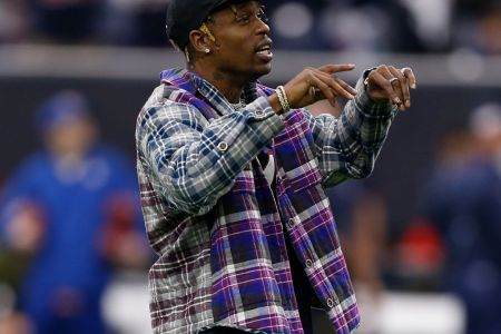 HOUSTON, TEXAS - JANUARY 05: Musician Travis Scott is introduced as the home-field advantage captain as the Indianapolis Colts play the Houston Texans during the Wild Card Round at NRG Stadium on January 05, 2019 in Houston, Texas. (Photo by Bob Levey/Getty Images)