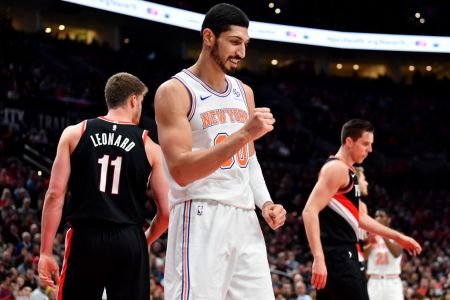 PORTLAND, OREGON - JANUARY 07: Enes Kanter #00 of the New York Knicks is jazzed getting a beneficial foul at the Moda Center on January 07, 2019 in Portland, Oregon. (Photo by Alika Jenner/Getty Images)