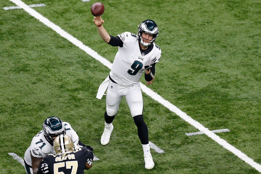 Nick Foles #9 of the Philadelphia Eagles attempts a pass during the first quarter against the New Orleans Saints in the NFC Divisional Playoff Game at Mercedes Benz Superdome on January 13, 2019 in New Orleans, Louisiana. (Photo by Jonathan Bachman/Getty Images)