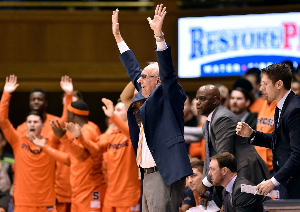 DURHAM, NORTH CAROLINA - JANUARY 14: Head coach Jim Boeheim and the Syracuse Orange bench react during a win against the Duke Blue Devils at Cameron Indoor Stadium on January 14, 2019 in Durham, North Carolina. (Photo by Grant Halverson/Getty Images)