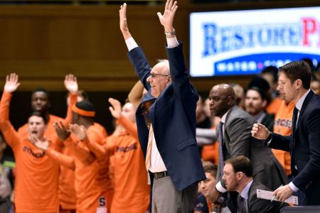 DURHAM, NORTH CAROLINA - JANUARY 14: Head coach Jim Boeheim and the Syracuse Orange bench react during a win against the Duke Blue Devils at Cameron Indoor Stadium on January 14, 2019 in Durham, North Carolina. (Photo by Grant Halverson/Getty Images)