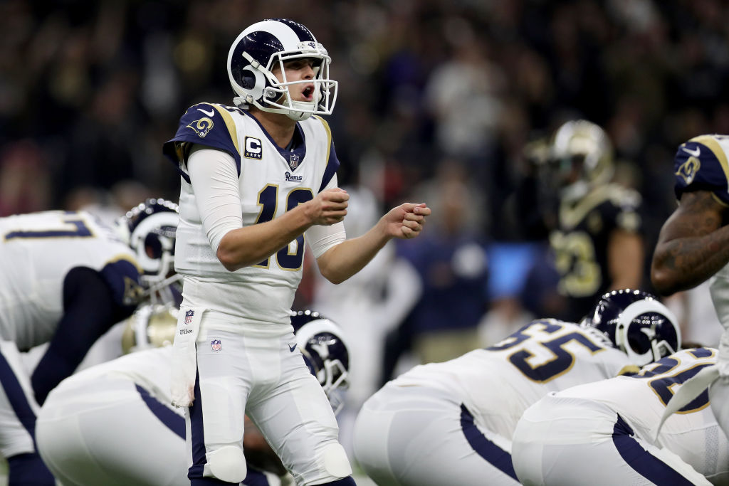NEW ORLEANS, LOUISIANA - JANUARY 20: Jared Goff #16 of the Los Angeles Rams calls a play against the New Orleans Saints during the fourth quarter in the NFC Championship game at the Mercedes-Benz Superdome on January 20, 2019 in New Orleans, Louisiana. (Photo by Jonathan Bachman/Getty Images)