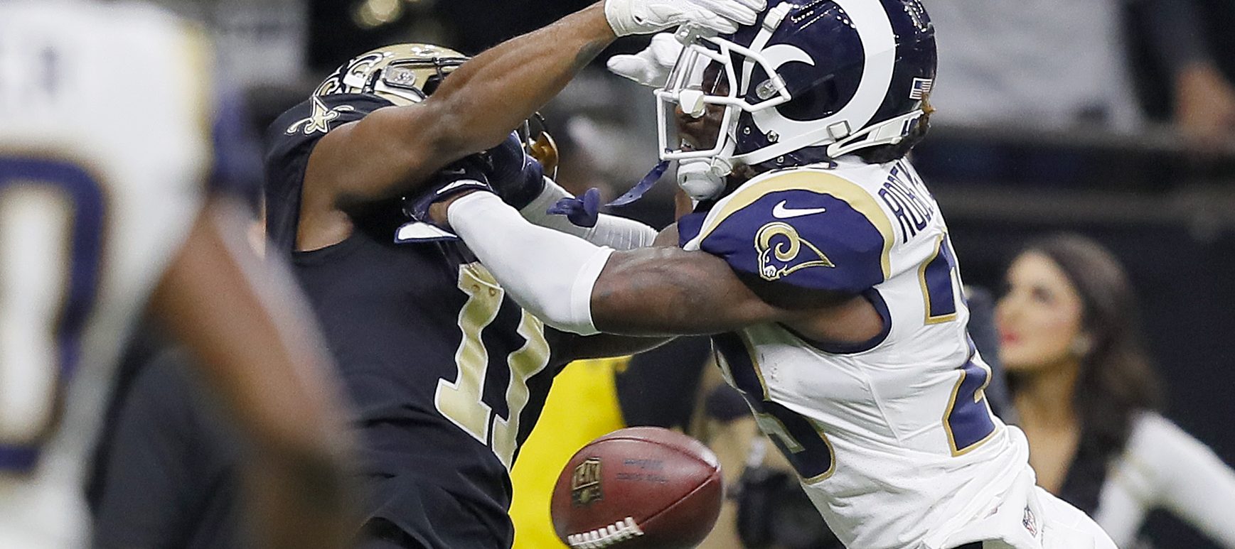 Tommylee Lewis #11 of the New Orleans Saints drops a pass broken up by Nickell Robey-Coleman #23 of the Los Angeles Rams during the fourth quarter in the NFC Championship game at the Mercedes-Benz Superdome on January 20, 2019 in New Orleans, Louisiana. (Photo by Kevin C.  Cox/Getty Images)