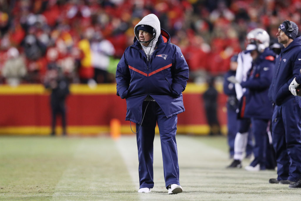 KANSAS CITY, MISSOURI - JANUARY 20: Head coach Bill Belichick of the New England Patriots looks on in the second half against the Kansas City Chiefs during the AFC Championship Game at Arrowhead Stadium on January 20, 2019 in Kansas City, Missouri. (Photo by Patrick Smith/Getty Images)