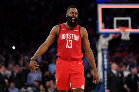 NEW YORK, NEW YORK - JANUARY 23: James Harden #13 of the Houston Rockets celebrates the 114-110 over the New York Knicks at the end of the game at Madison Square Garden on January 23, 2019 in New York City. (Photo by Sarah Stier/Getty Images)