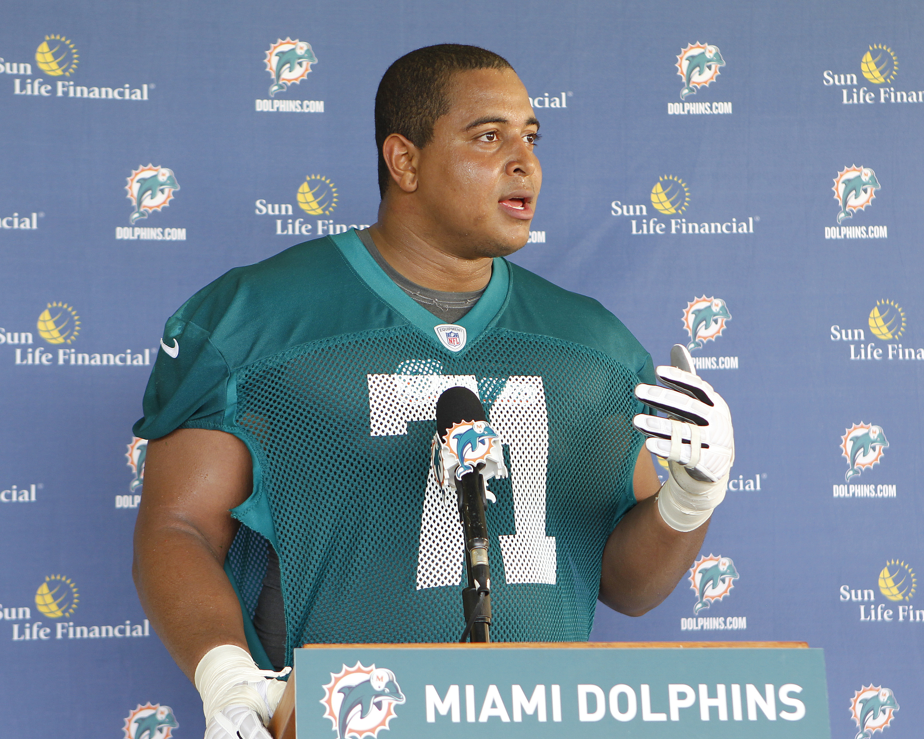 DAVIE, FL - MAY 4: Jonathan Martin #71 of the Miami Dolphins talks ot the media after the rookie minicamp on May 4, 2012 at the Miami Dolphins training facility in Davie, Florida. (Photo by Joel Auerbach/Getty Images)