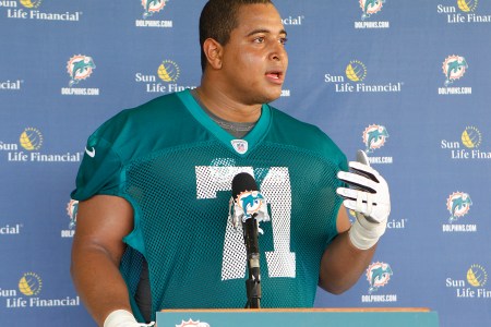 DAVIE, FL - MAY 4: Jonathan Martin #71 of the Miami Dolphins talks ot the media after the rookie minicamp on May 4, 2012 at the Miami Dolphins training facility in Davie, Florida. (Photo by Joel Auerbach/Getty Images)