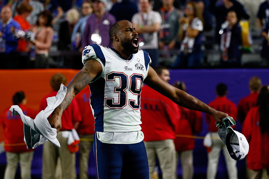 GLENDALE, AZ - FEBRUARY 01:  Brandon Browner #39 of the New England Patriots celebrates after defeating the Seattle Seahawks during Super Bowl XLIX at University of Phoenix Stadium on February 1, 2015 in Glendale, Arizona. The Patriots defeated the Seahawks 28-24.  (Photo by Kevin C. Cox/Getty Images)
