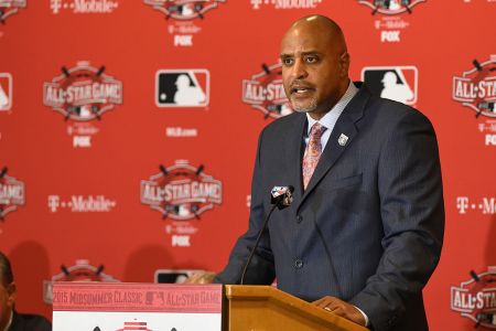 Executive Director of  the Major League Baseball Players Association Tony Clark talks to reporters during the MLB All Star Media Availability Day at the Westin Cincinnati Hotel on July 13, 2015 in Cincinnati, Ohio.  (Photo by Mark Cunningham/MLB Photos via Getty Images)