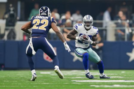ARLINGTON, TX - OCTOBER 01: Dallas Cowboys wide receiver Dez Bryant (88) makes a catch in front of Los Angeles Rams cornerback Trumaine Johnson (22) during the NFL game between the Los Angeles Rams and Dallas Cowboys on October 1, 2017 at AT&T Stadium in Arlington, TX. (Photo by Andrew Dieb/Icon Sportswire via Getty Images)