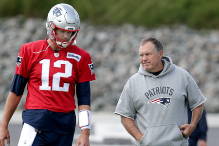 New England Patriots quarterback Tom Brady (12) walks with New England Patriots head coach Bill Belichick during New England Patriots practice at the Gillette Stadium practice facility in Foxborough, MA on Sep. 21, 2018. (Photo by Jonathan Wiggs/The Boston Globe via Getty Images)