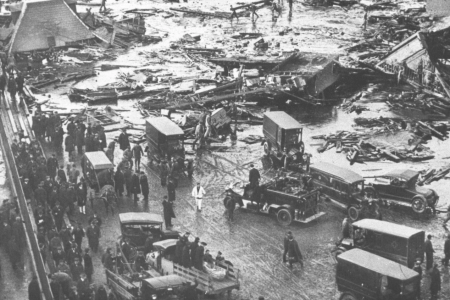 BOSTON - JANUARY 1: A molasses tank collapsed and caused widespread damage in Boston's North End in January 1919. The incident is commonly referred to as the Great Molasses Flood. (Photo by The Boston Globe via Getty Images)