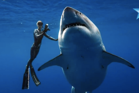 Ocean Ramsey, shark researcher, swims alongside the great white shark "Deep Blue," of Oahu's North Shore. (Screenshot courtesy of Honolulu Star-Advertiser)