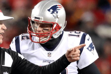 KANSAS CITY, MO - JANUARY 20: New England Patriots quarterback Tom Brady (12) argues with referee Clete Blakeman in the second quarter.The Kansas City Chiefs host the New England Patriots in an NFL AFC Championship game at Arrowhead Stadium in Kansas City, MO on Jan. 20, 2019. (Photo by Jim Davis/The Boston Globe via Getty Images)