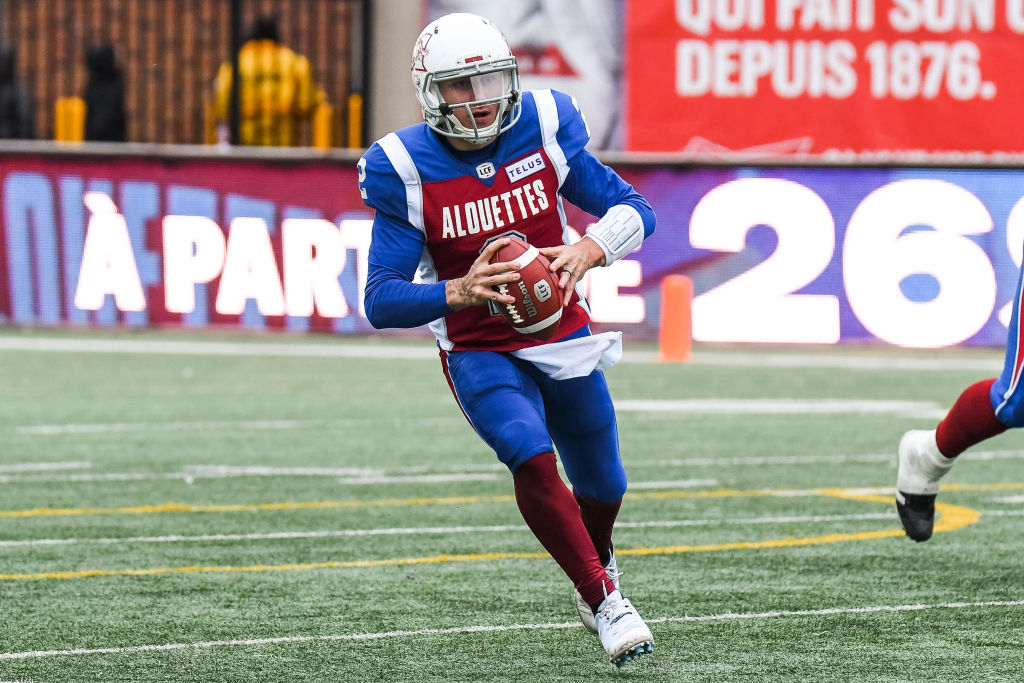 MONTREAL, QC - OCTOBER 08: Montreal Alouettes Quarterback Johnny Manziel (2) looks for a pass target during the Calgary Stampeders versus the Montreal Alouettes game on October 8, 2018, at Percival Molson Memorial Stadium in Montreal, QC (Photo by David Kirouac/Icon Sportswire via Getty Images)