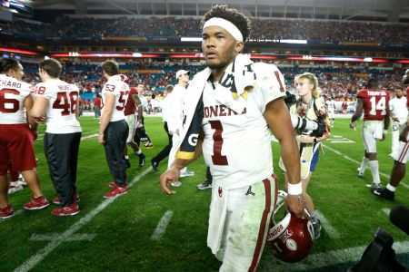 MIAMI, FL - DECEMBER 29:  Kyler Murray #1 of the Oklahoma Sooners reacts after losing to the Alabama Crimson Tide in the College Football Playoff Semifinal at the Capital One Orange Bowl at Hard Rock Stadium on December 29, 2018 in Miami, Florida.  (Photo by Michael Reaves/Getty Images)
